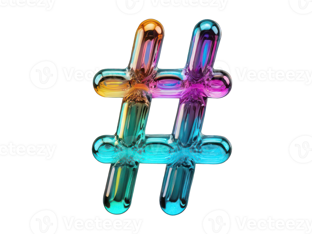 Multicolored neon 3D hashtag sign in Y2K style chrome molten glass on transparent background. element in retro style, molten chrome. png