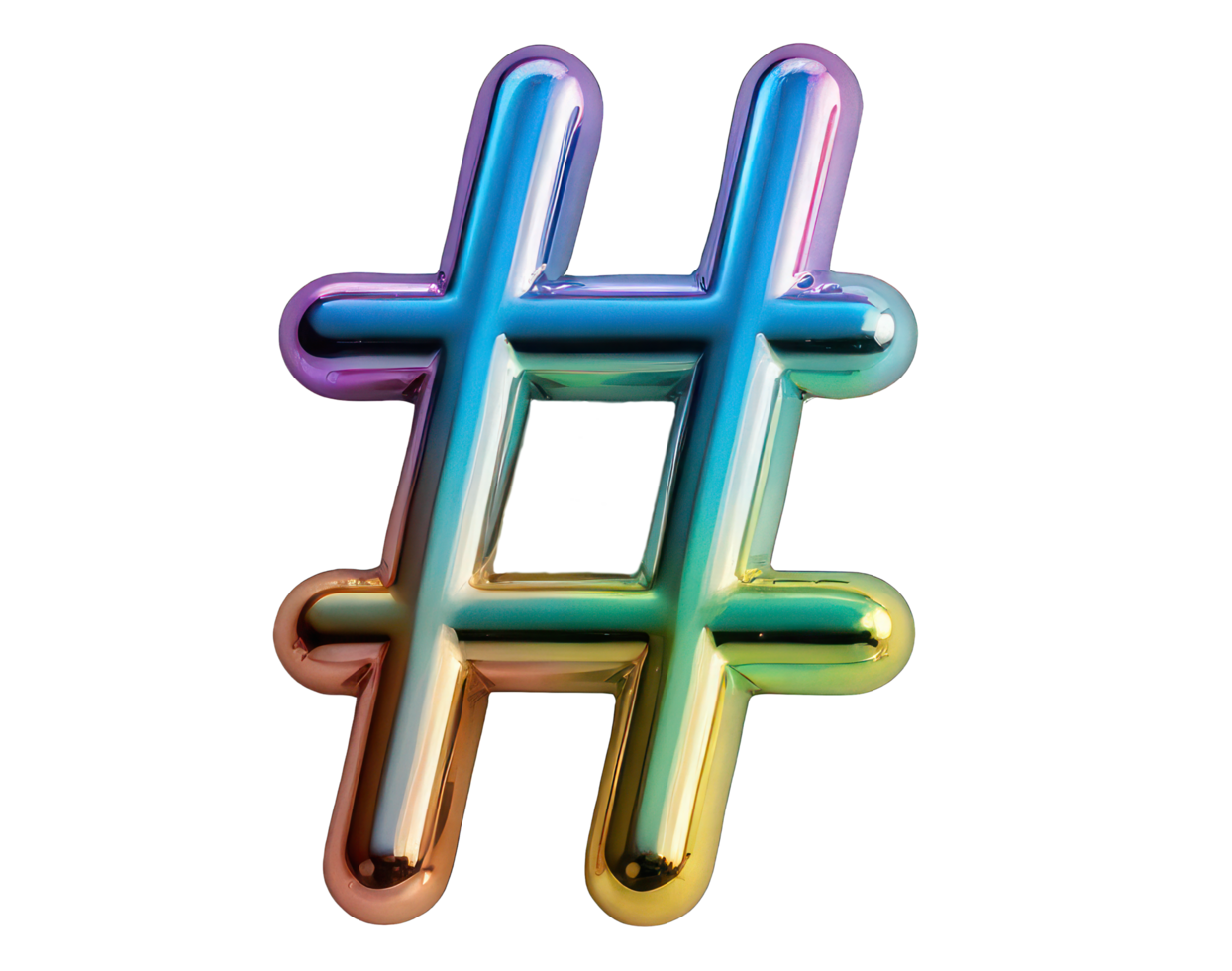 Multicolored neon 3D hashtag sign in Y2K style with liquid glass or metal texture on a transparent background. element in retro style, molten chrome. png
