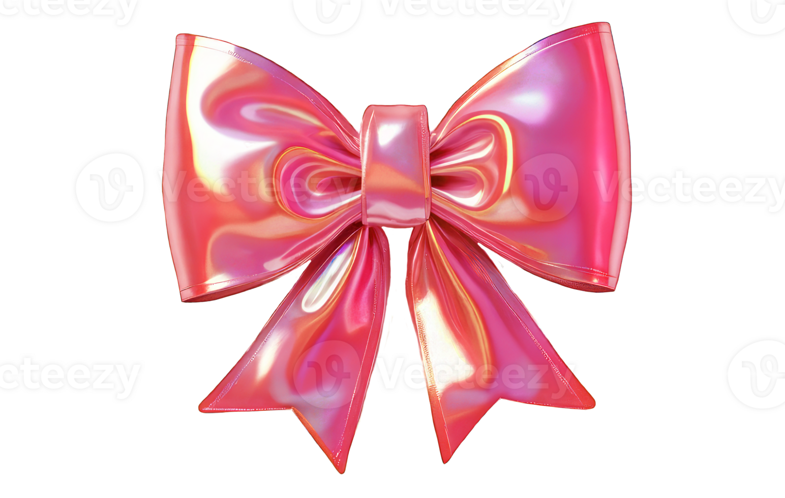 3D render of a bow on a transparent background. Holographic sparkling element in Y2K style. Liquid chrome, vintage girly accessory in bright fuchsia color, icon, metal surface. png