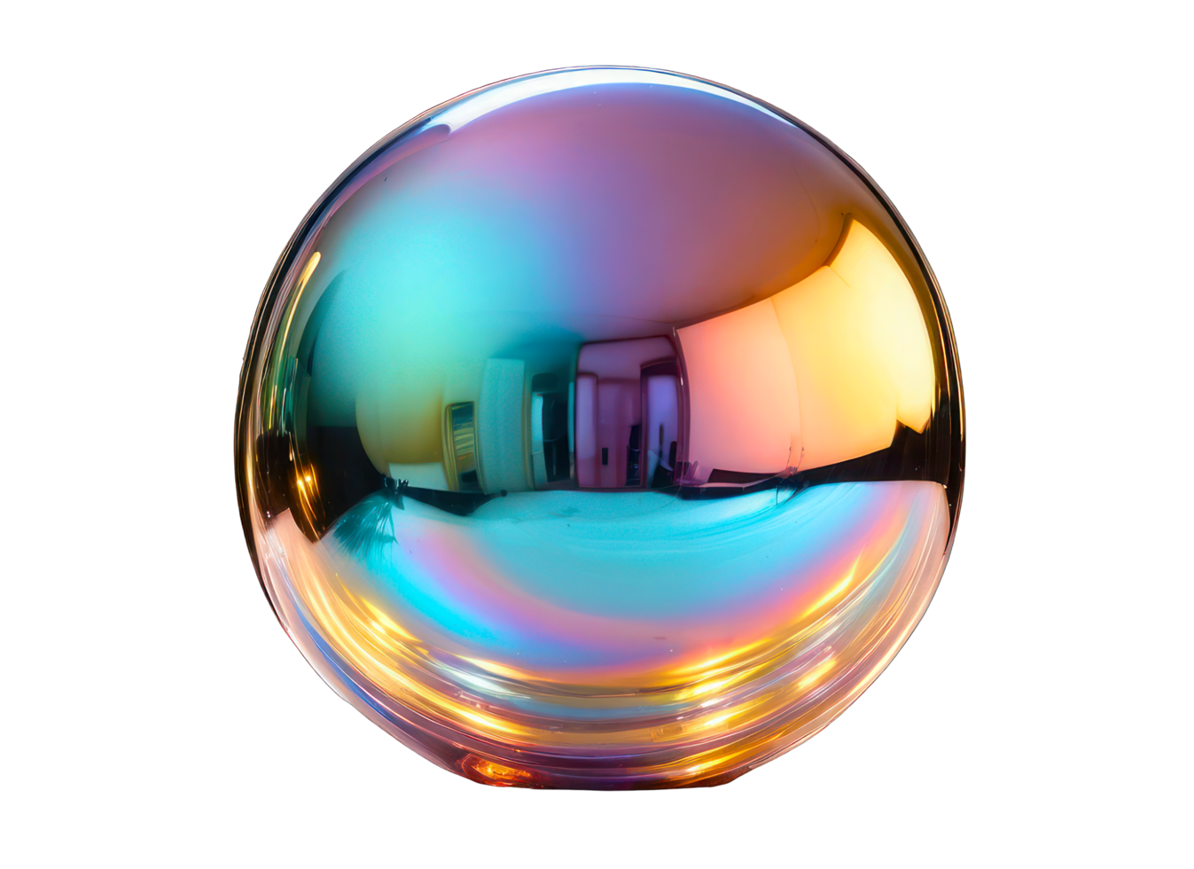 3D element in the shape of a round bubble of molten metal, chrome rainbow sticker. holographic sticker isolated on transparent background png