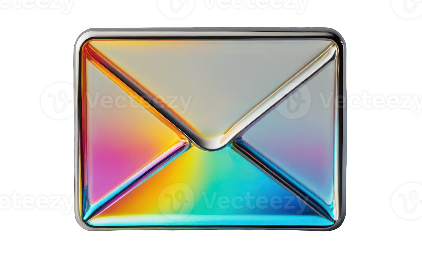 Shining chrome envelope isolated on a transparent background. 3D holographic element in Y2K style, molten metal. png