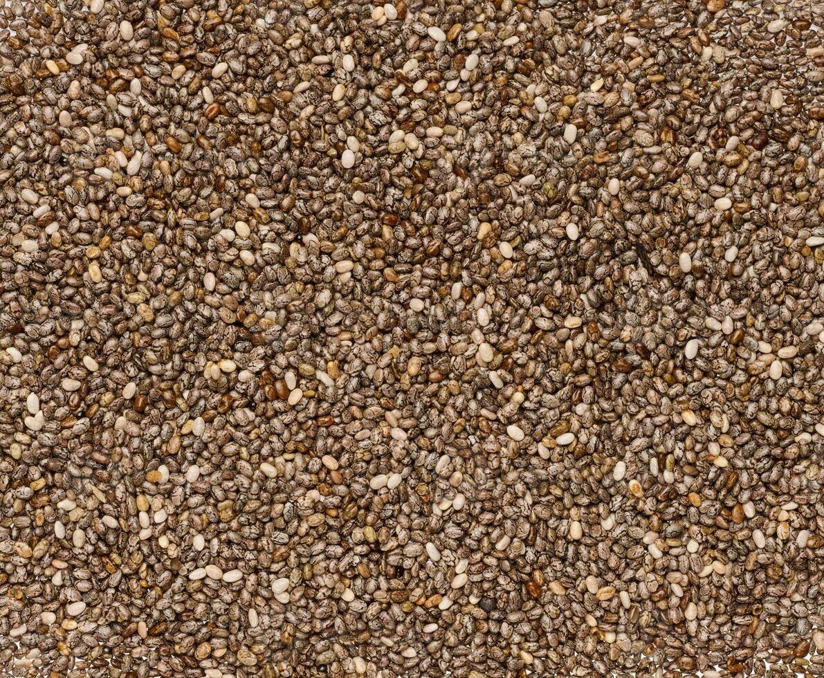 Chia seeds scattered in a heap, full frame photo