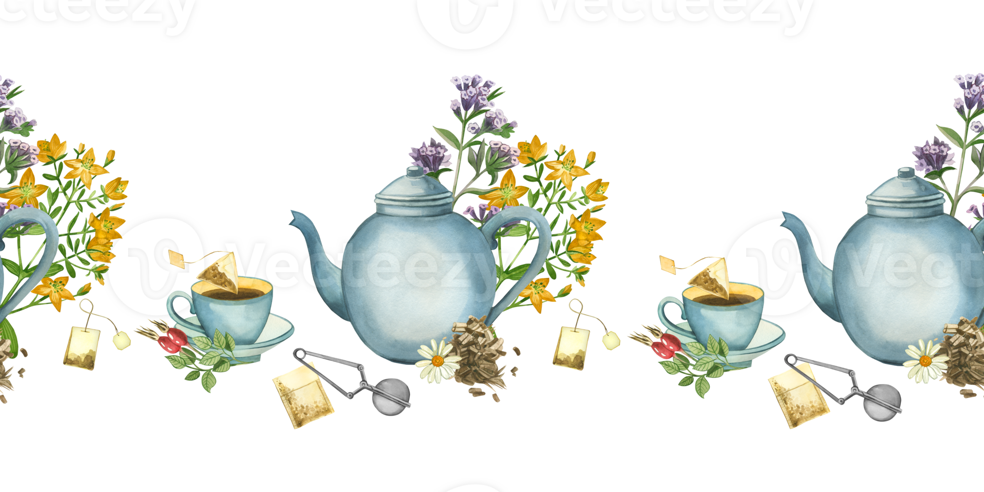 Seamless border. Tea party, herbal tea, cup, teapot, tea bags, strainer, meadow herbs for tea. All objects are hand-painted with watercolors. Suitable for packaging, kitchen textiles, design png