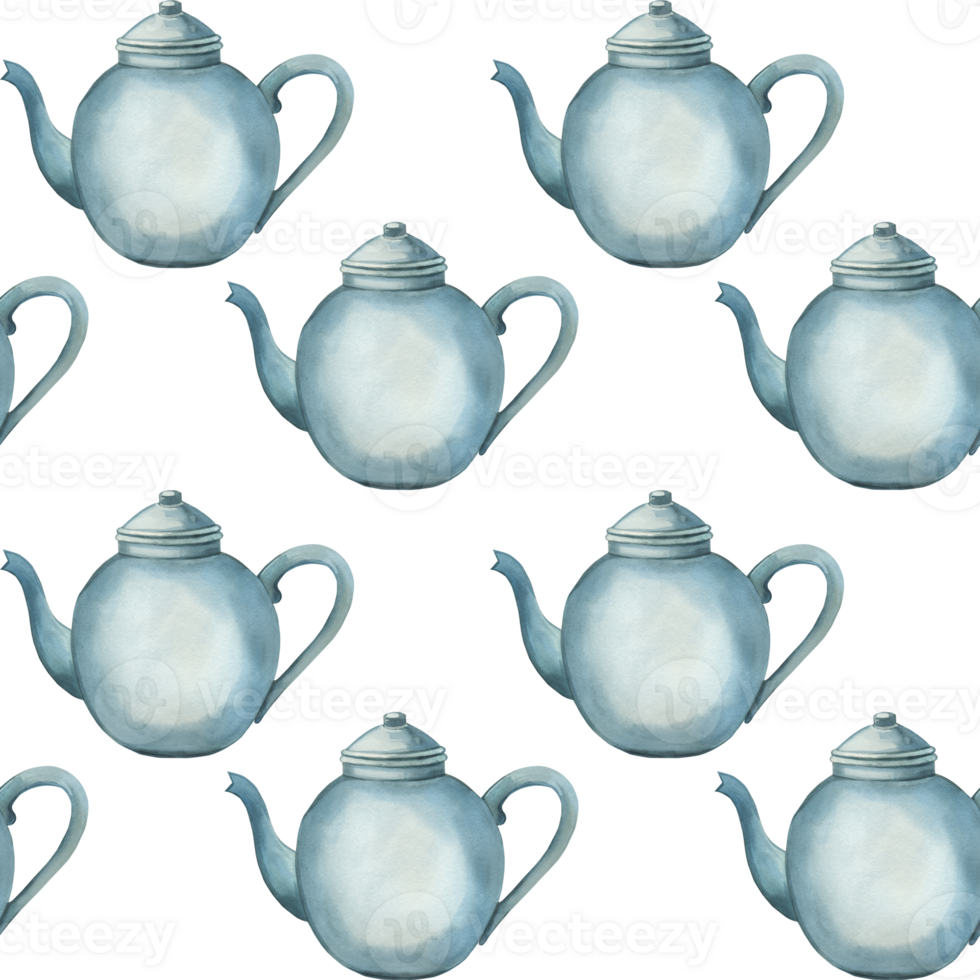 Seamless watercolor pattern. A teapot, hand painted in blue watercolor. Suitable for printing on fabric, paper, kitchen textiles, product packaging, scrapbooking png