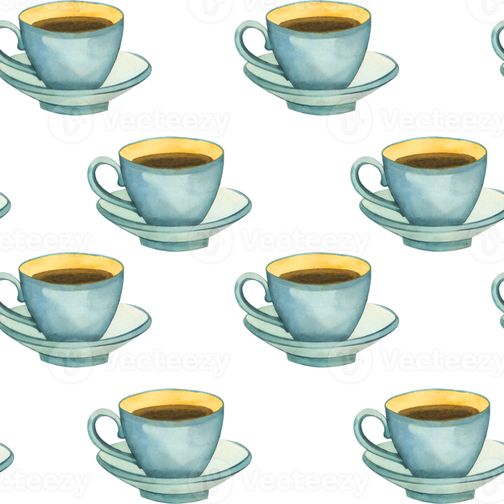 Seamless watercolor pattern. Cup of tea hand drawn in blue watercolor. Suitable for printing on fabric, paper, kitchen textiles, product packaging, scrapbooking. Watercolor illustration png