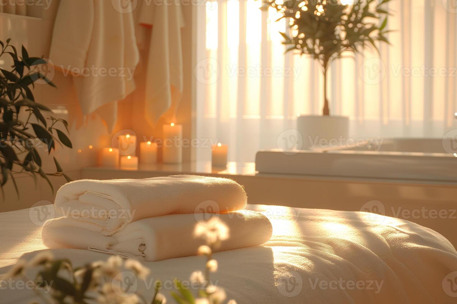 Rolled spa towels on a massage bed, sunlight streaming through curtains, candles in background photo