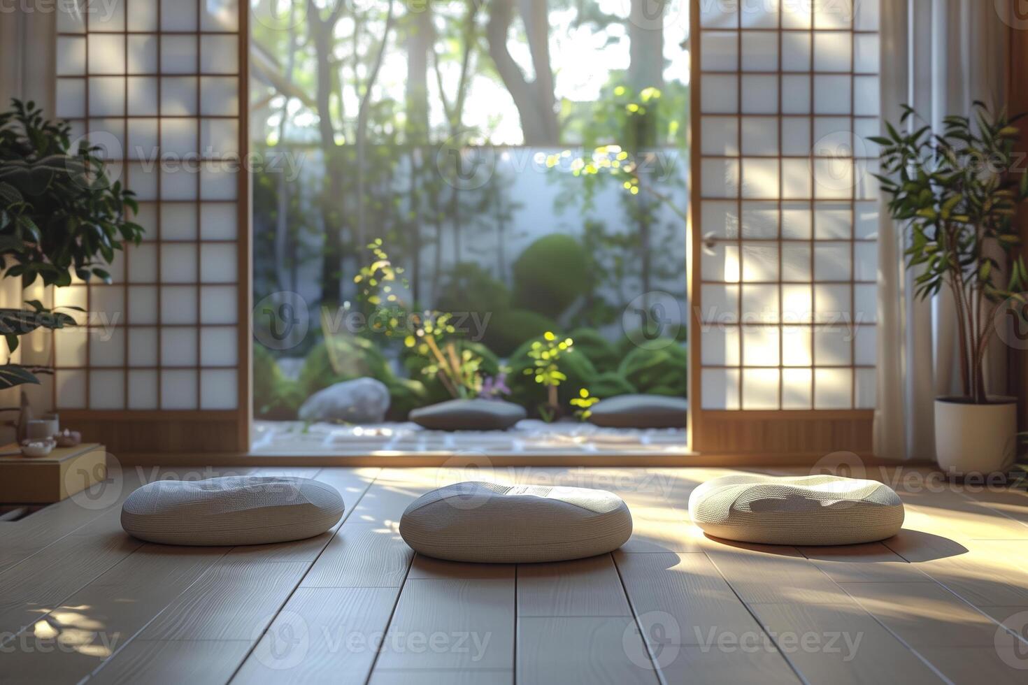 Japanese-inspired meditation room with floor cushions and a view of nature through large windows photo