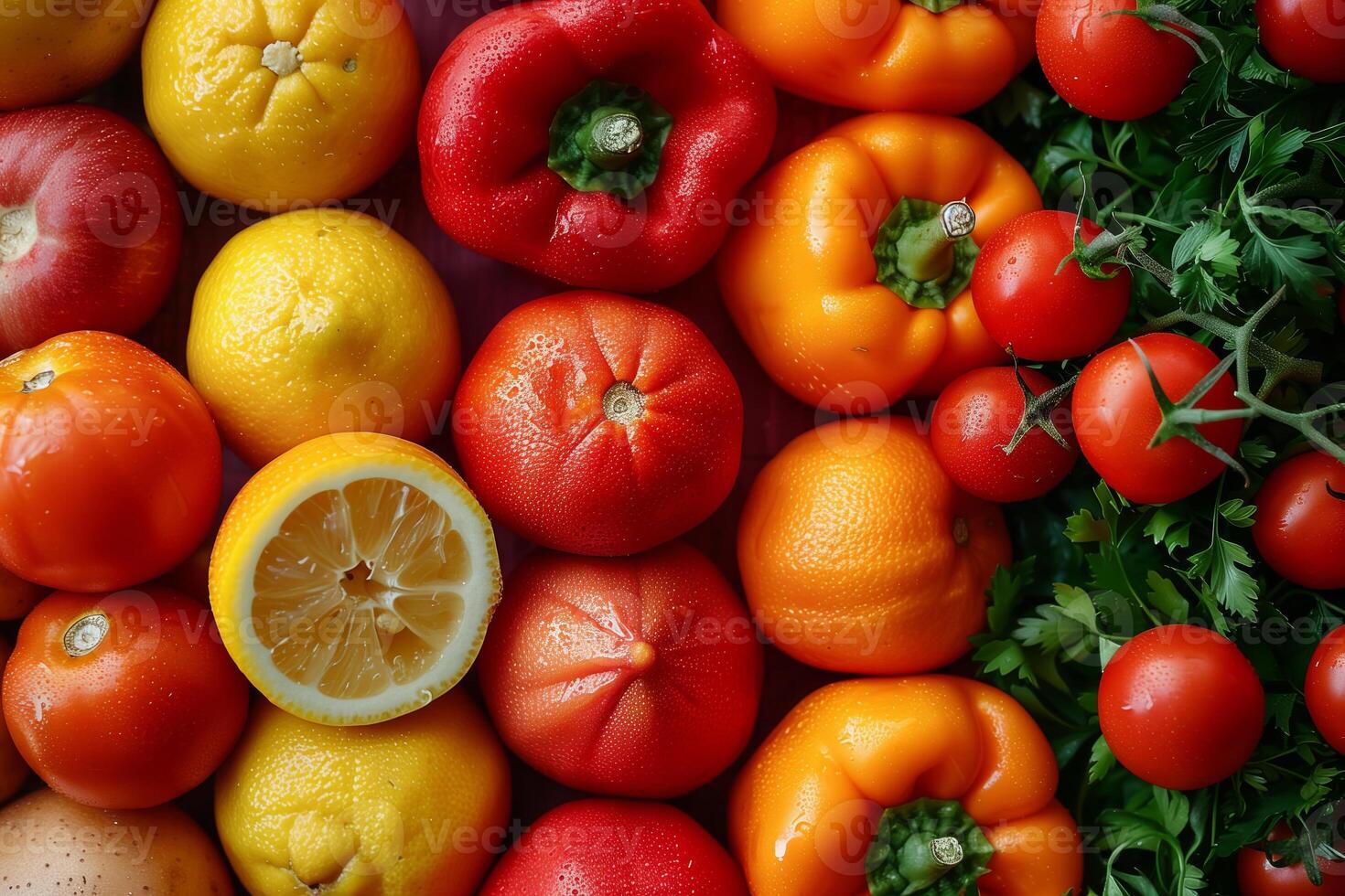 Top view of a colorful assortment of citrus fruits and tomatoes, with vibrant textures and fresh appeal photo