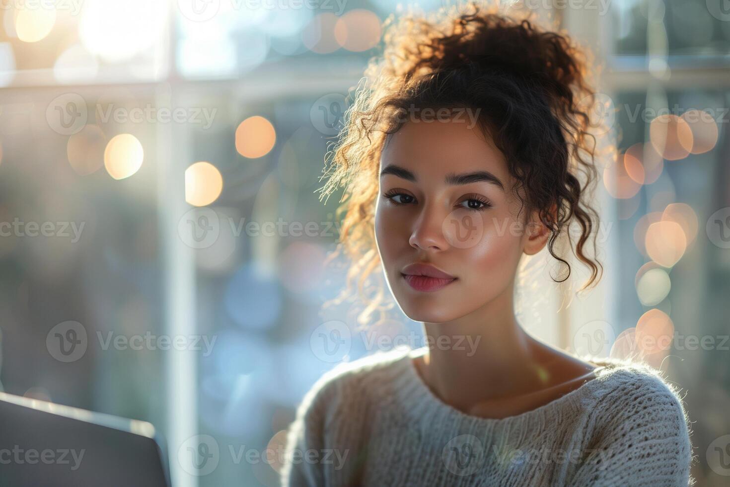 A young woman working on a laptop in a sunny home office surrounded by lively house plants. . photo