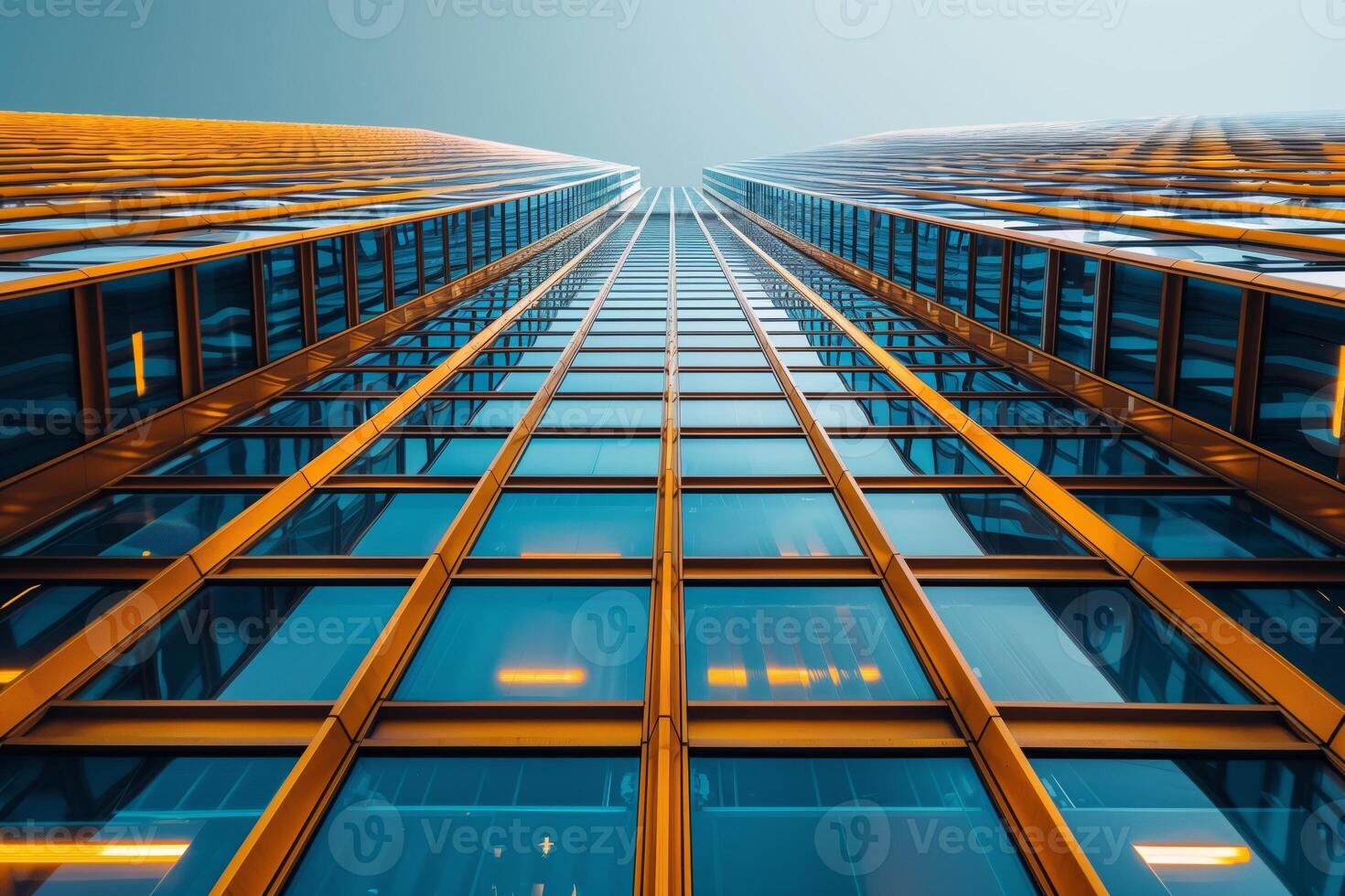 Golden evening light reflecting on the facade of a modern glass skyscraper photo