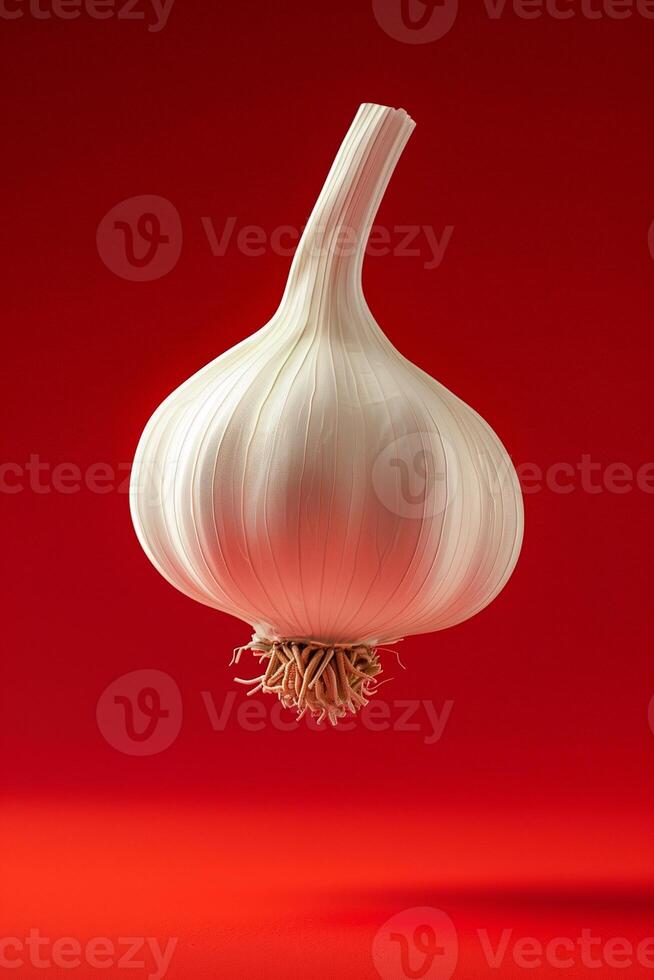 A classic portrait of a garlic bulb showcased against a deep red background, highlighting its natural elegance and symmetry. photo