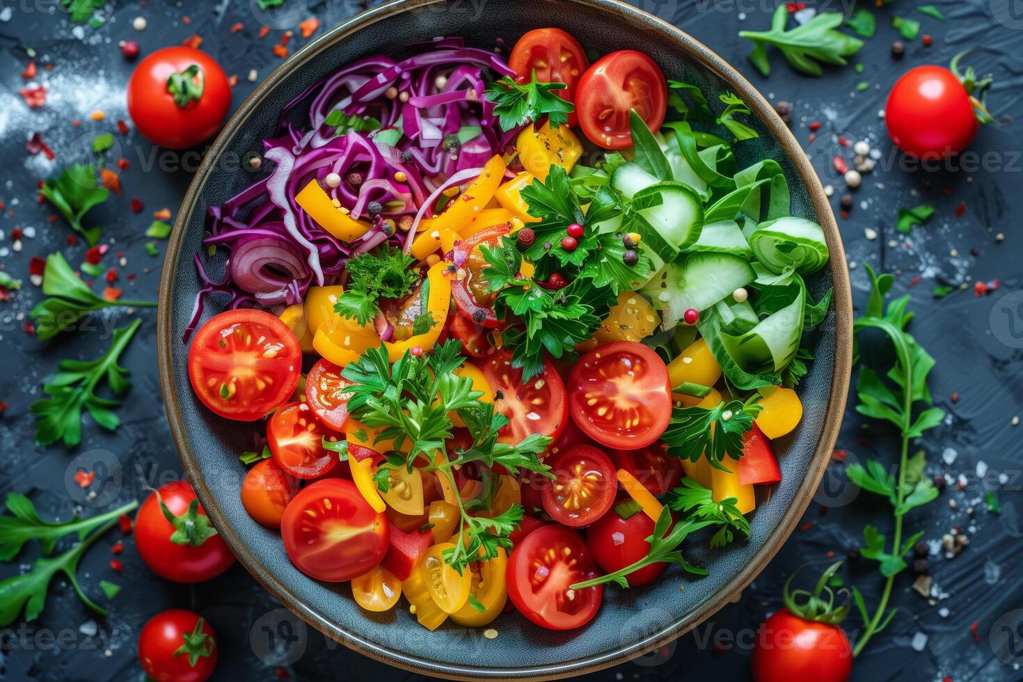 Colorful vegetable salad with tomatoes, cucumber, and herbs in a dark bowl on a textured background photo