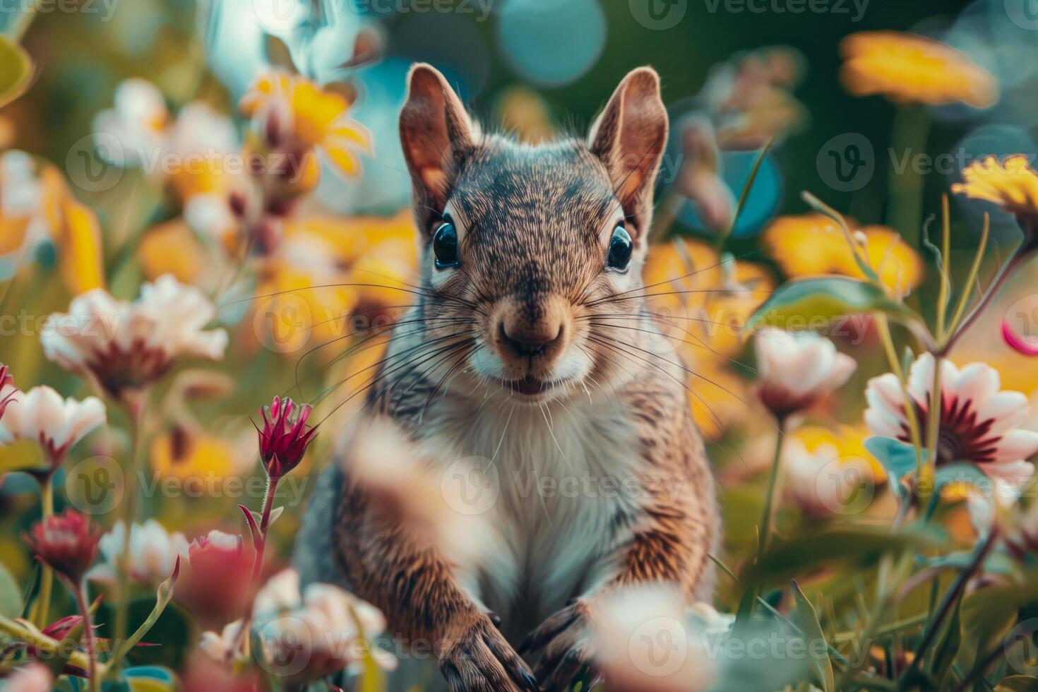 A playful squirrel peers out from a vivid garden of multicolored flowers, a snapshot of urban biodiversity photo