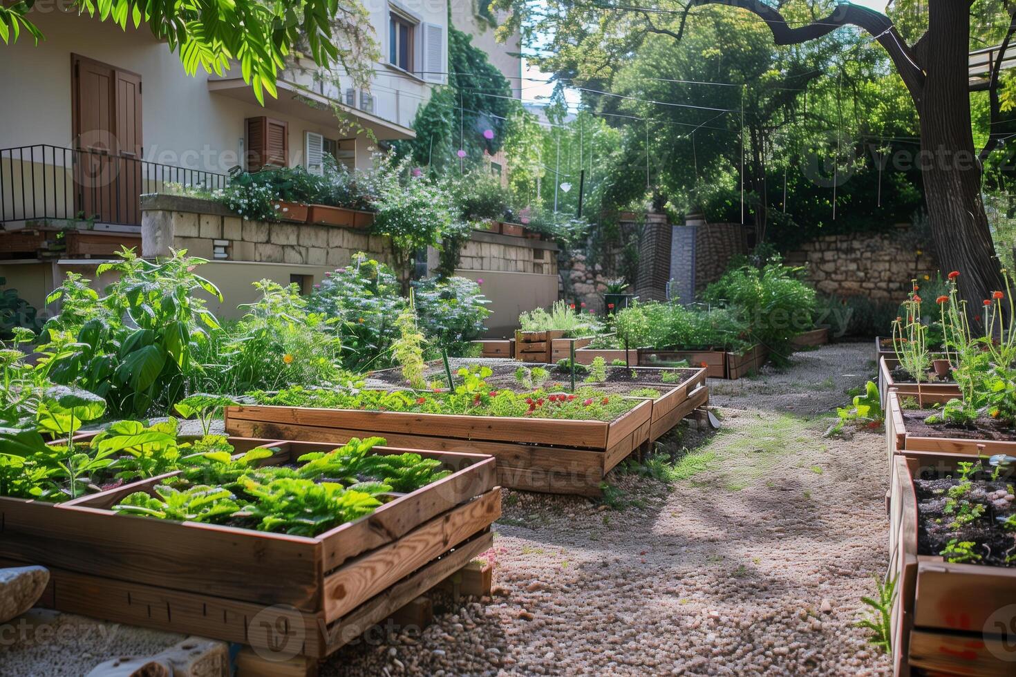 Raised wooden garden beds brimming with verdant plants, nestled in a peaceful residential neighborhood photo