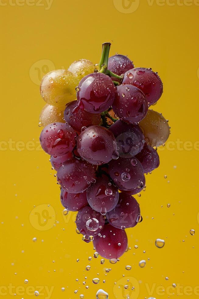 Dewy ruby grapes create a striking contrast against a radiant yellow background in this AI-generated image full of vibrance photo