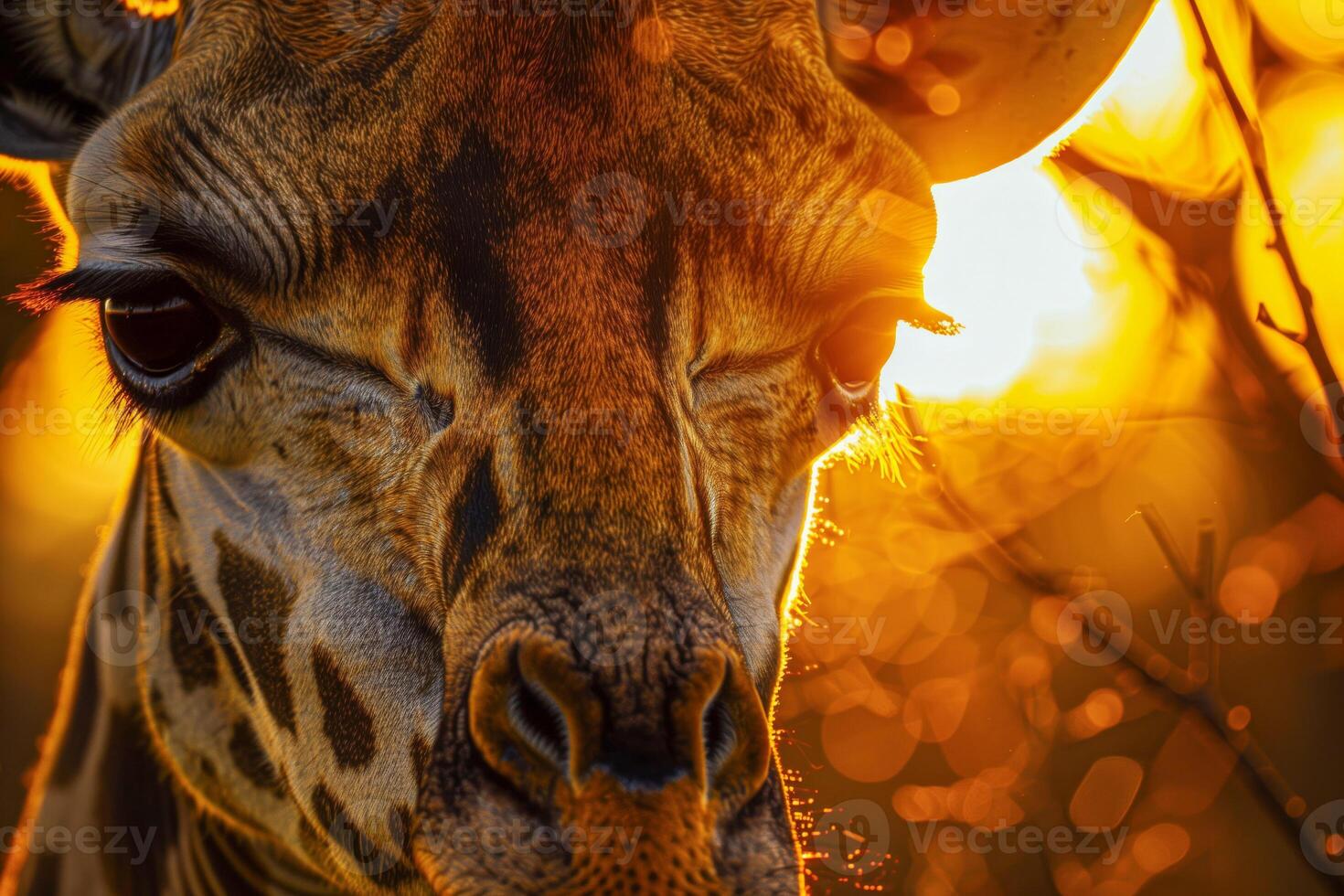 Macro shot of a giraffe's eye reflecting the warm hues of a sunset, highlighting the texture and patterns of its skin photo