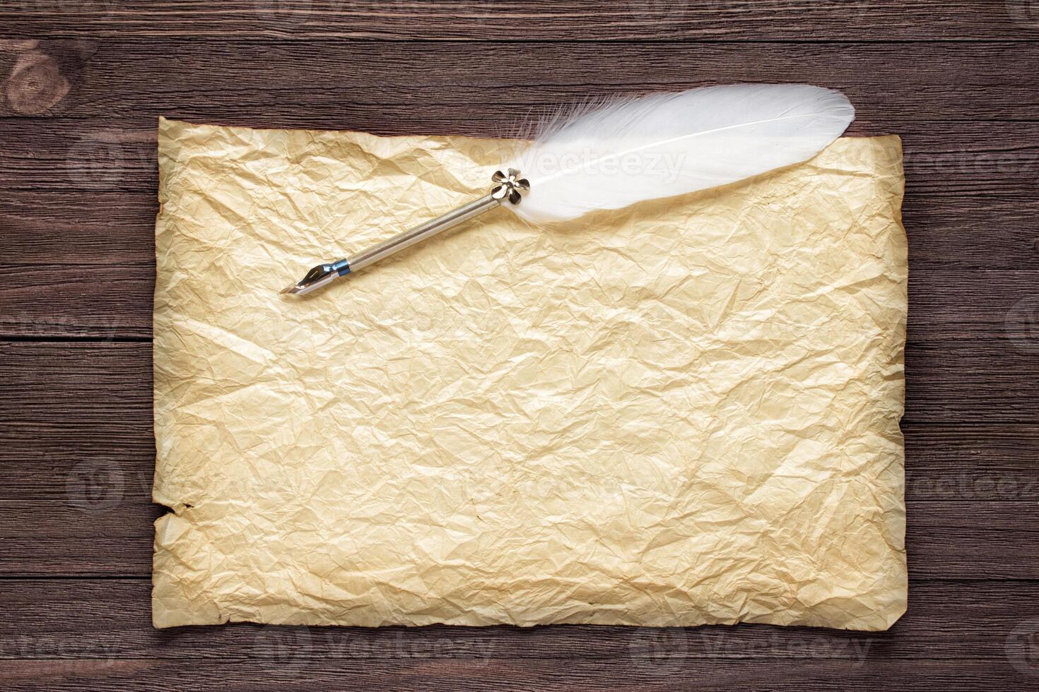 Old paper on brown wood texture with white feather photo