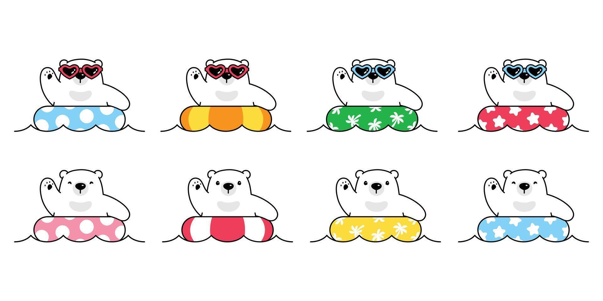Bear polar bear icon swimming ring pool cartoon character logo teddy summer ocean wave doodle symbol illustration design vector