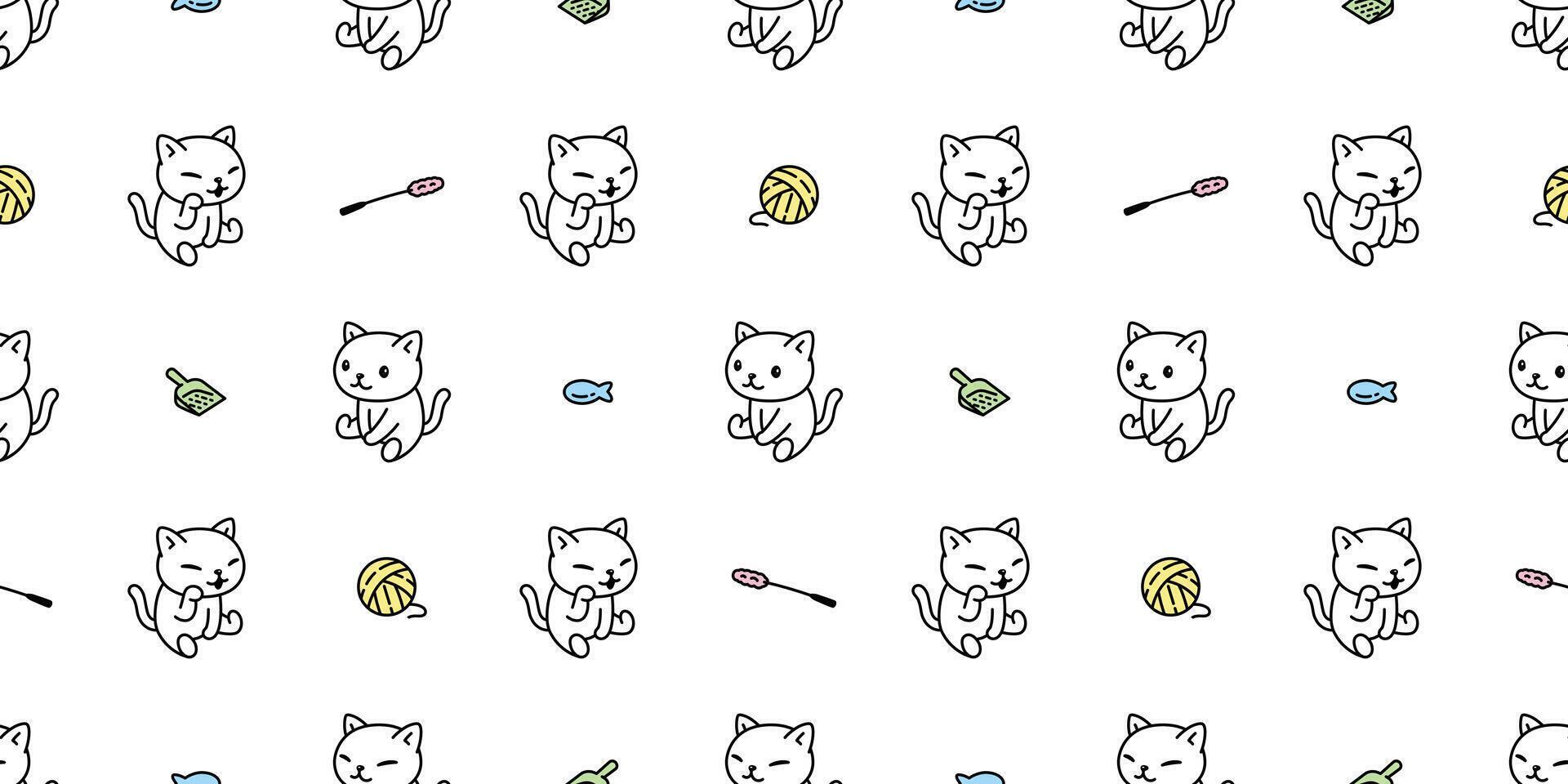 cat seamless pattern kitten calico pet yarn ball toy scarf isolated repeat background cartoon animal doodle tile wallpaper illustration design vector