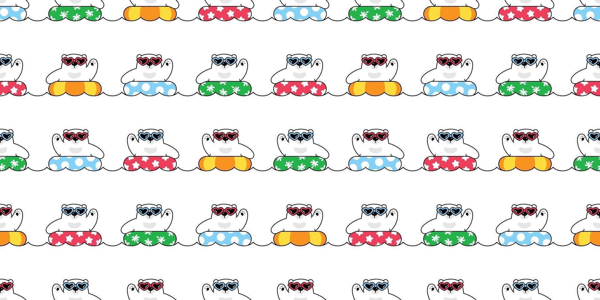 Bear seamless pattern polar swimming ring pool sea beach sunglasses teddy cartoon doodle scarf gift wrapping paper tile background repeat wallpaper illustration design vector