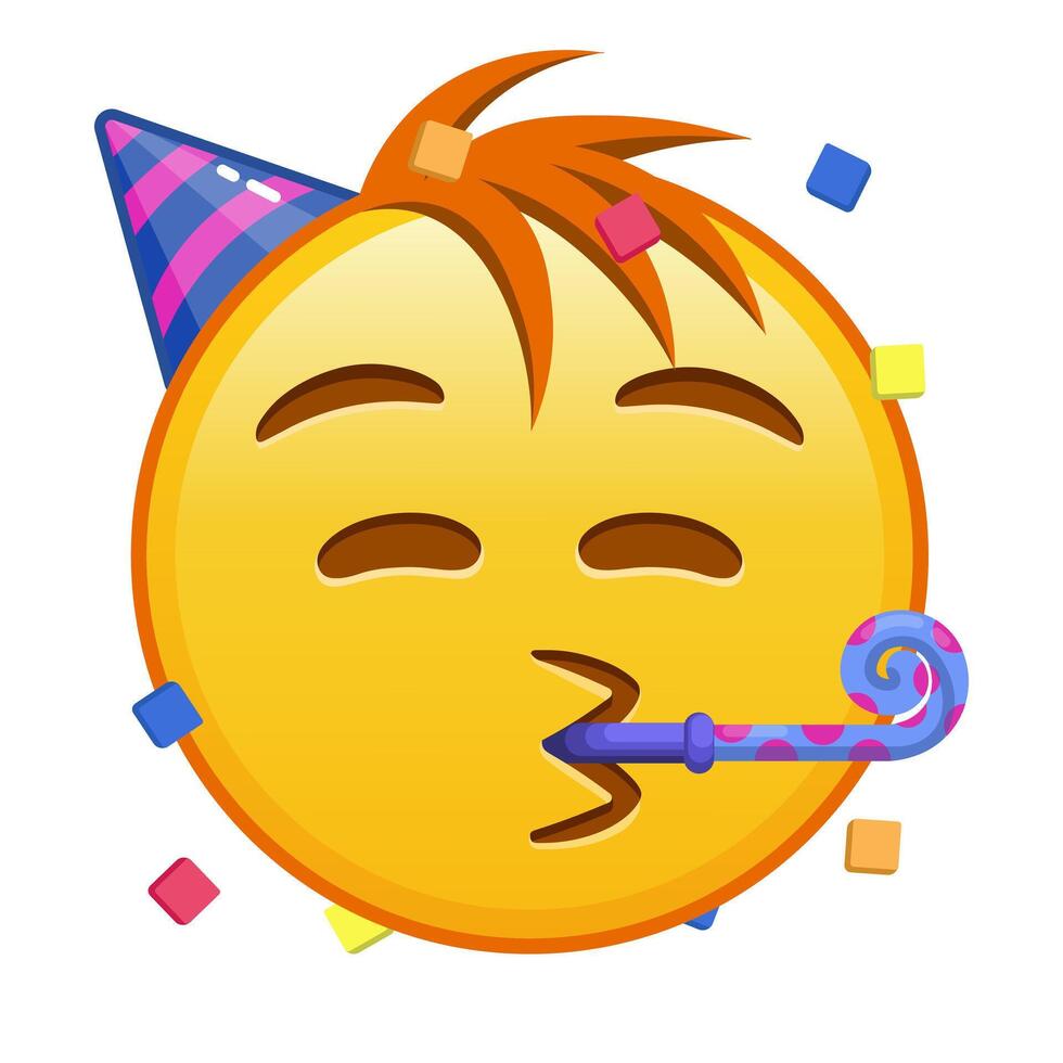 Face with a festive horn and cap Large size of yellow emoji smile with hair vector