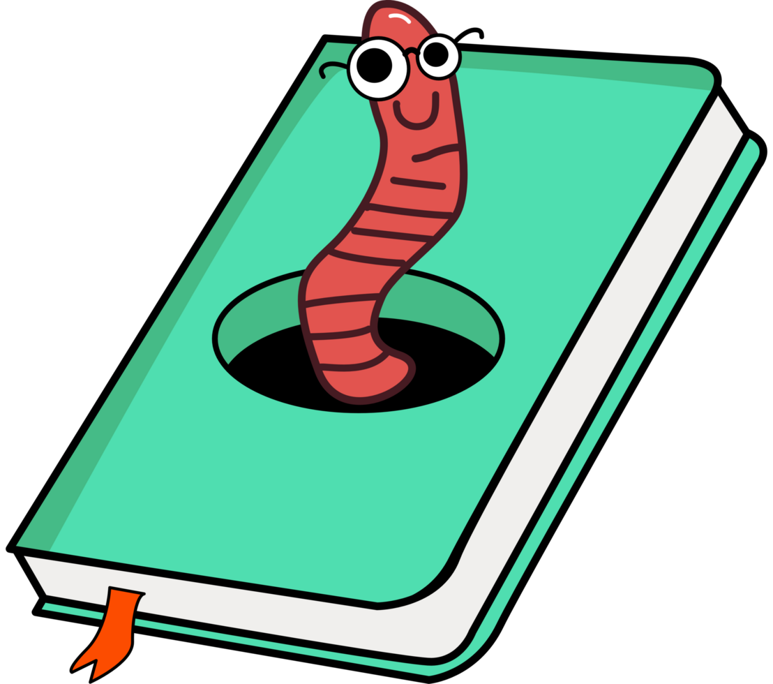 Pink earthworm in a green book. notebooks. Hand drawn educational png