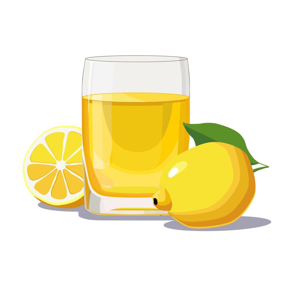 Full glass of yellow freshly and healthy squeezed lemon juice isolated on white background. illustration in flat style with citrus drink. Summer clipart for card, banner, flyer, poster design vector