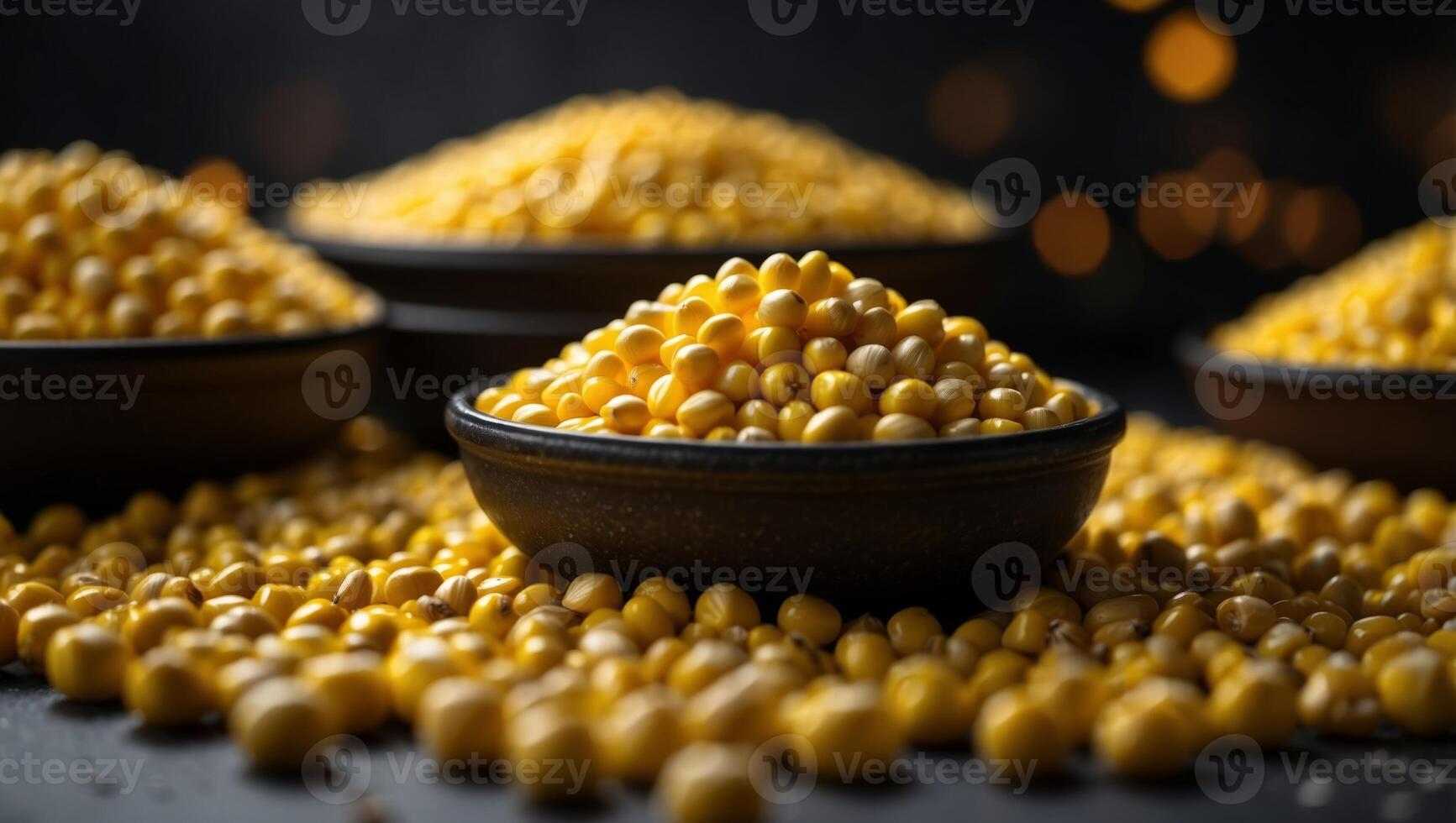 Corn kernels stacked on a black countertop, adjacent piles. photo