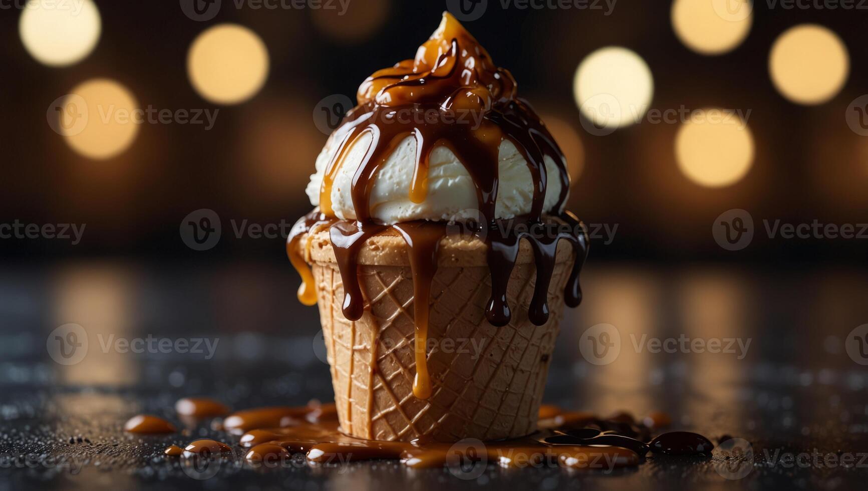 Ice cream cone with caramel drizzle and chocolate sauce. photo