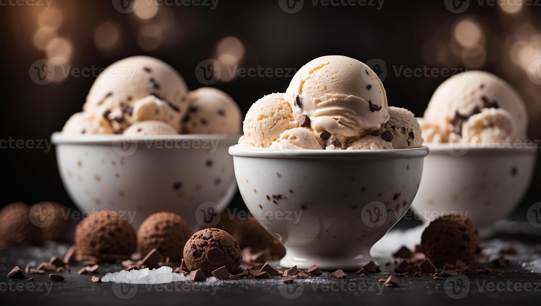 Three scoops of ice cream on a table with chocolate chips and a bowl of ice cream in the background. photo