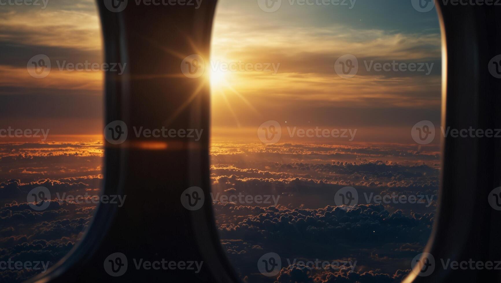 The sun brightly illuminates the horizon from a plane window view of Earth. photo