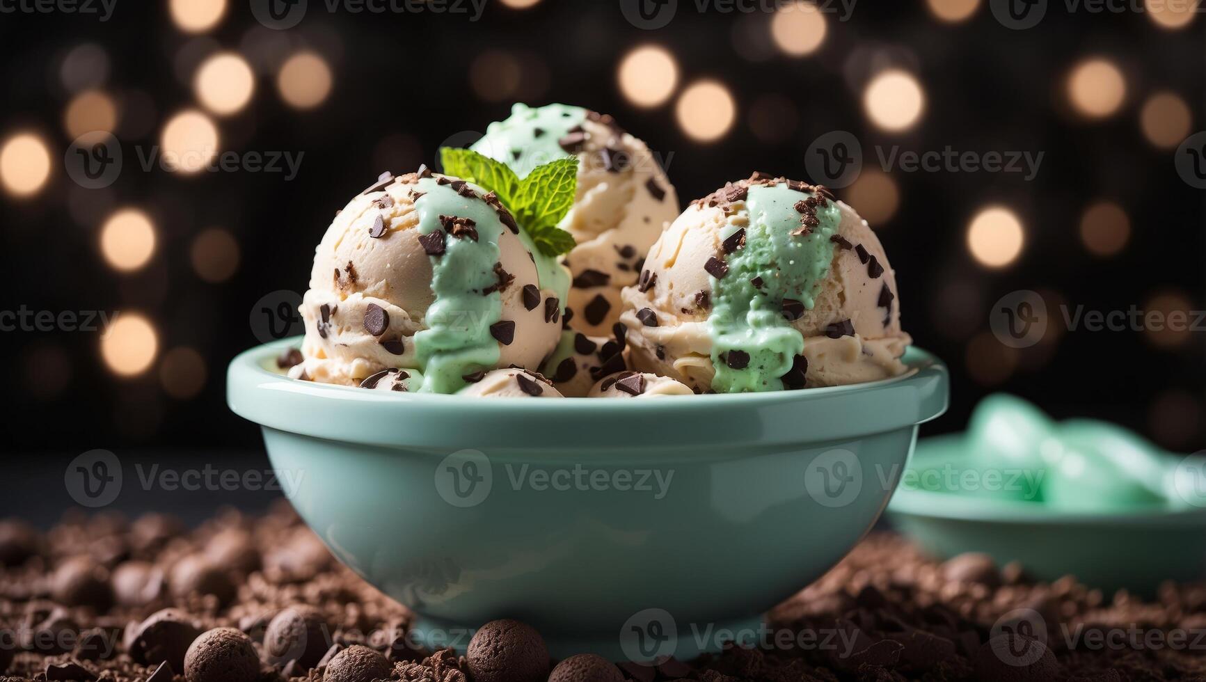 Two scoops of ice cream sit in a bowl, topped with chocolate chips and mint sprinkles. photo