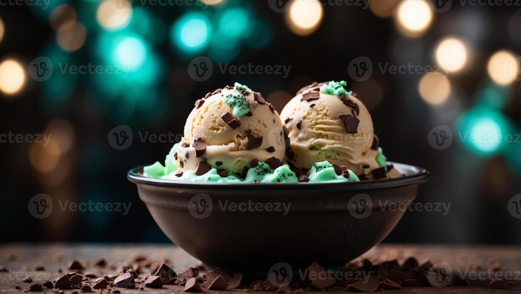 Two scoops of ice cream sit in a bowl, topped with chocolate chips and mint sprinkles. photo