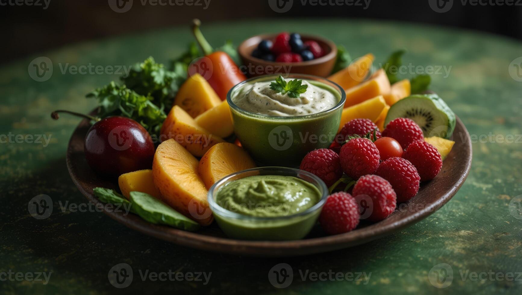 a plate of assorted fruits and vegetables on a green surface with a variety of dips and condiments. photo