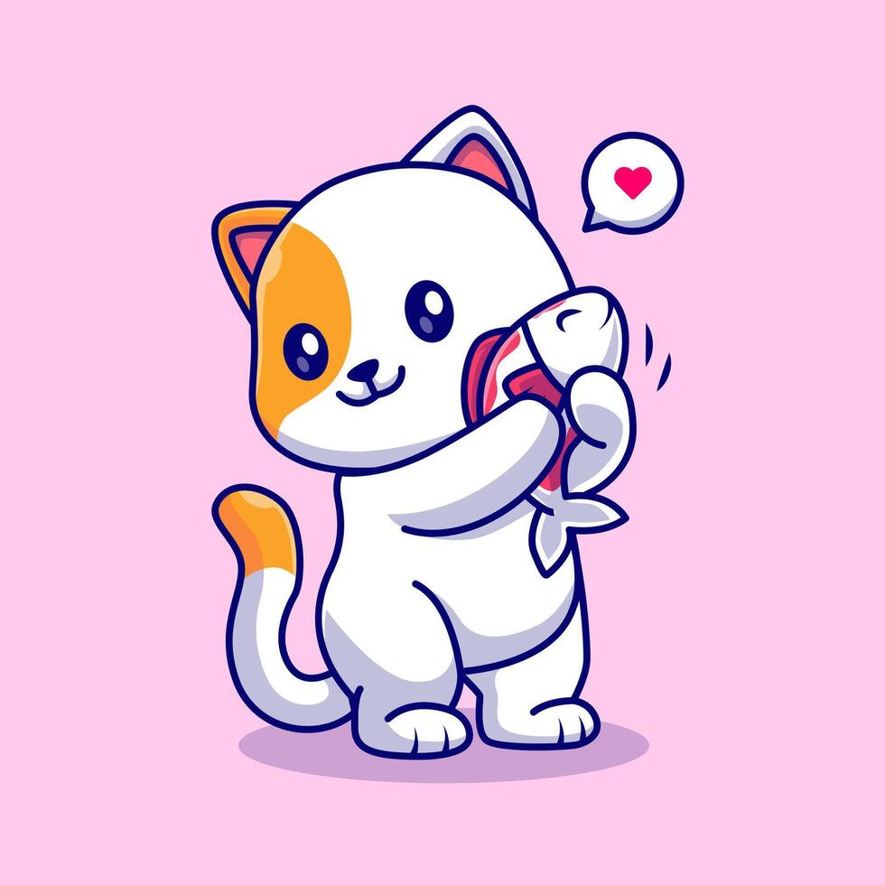 Cute Cat Hug Fish Cartoon vector