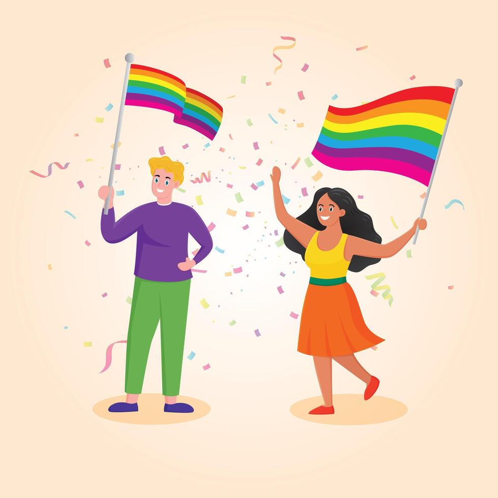 human celebrate pride month festival hold flag rainbow vector