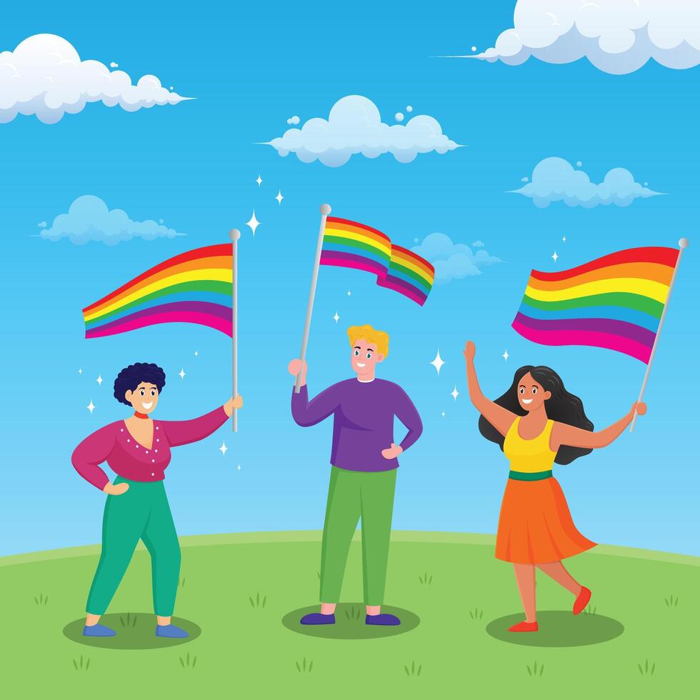 human celebrate pride month festival hold flag rainbow vector