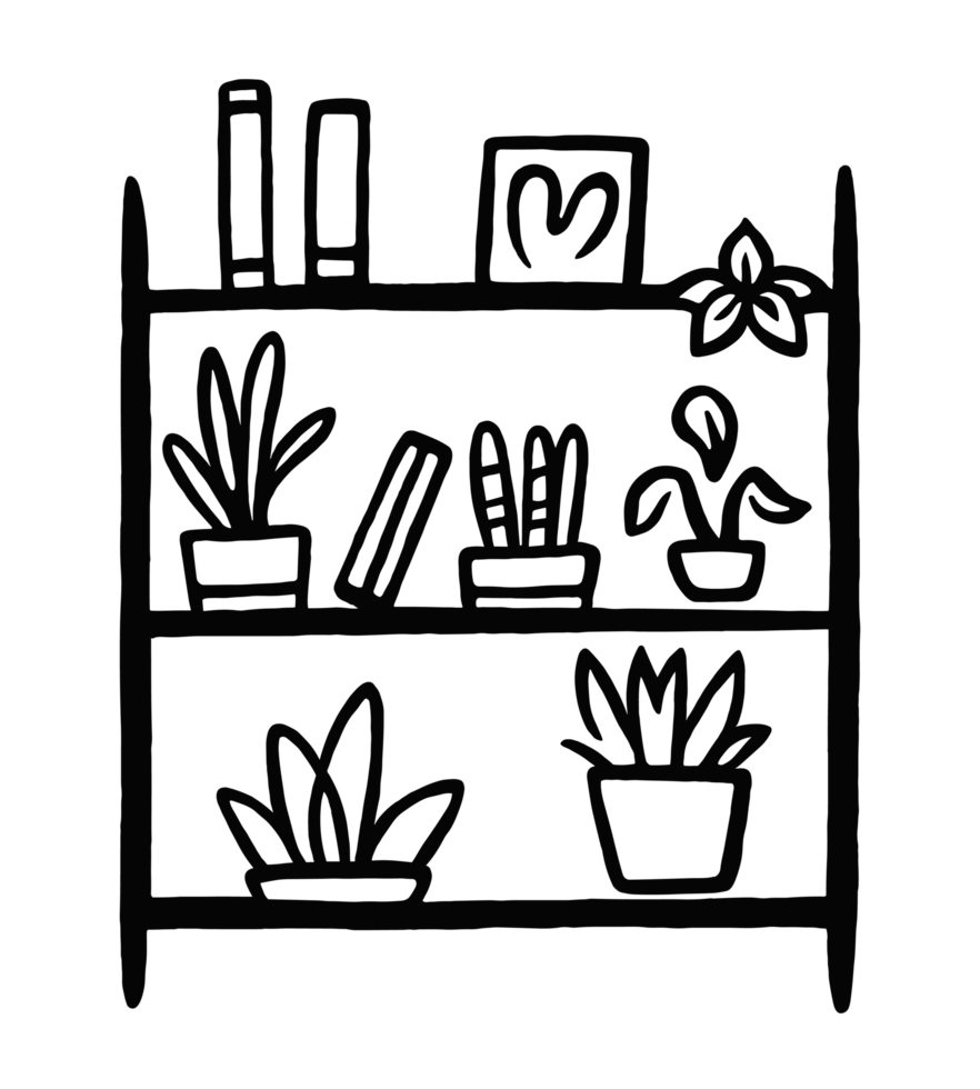 Plants and books cute bookshelf sketch drawing simple illustration aesthetic printable room decor decorative element sticker clipart transparent background png