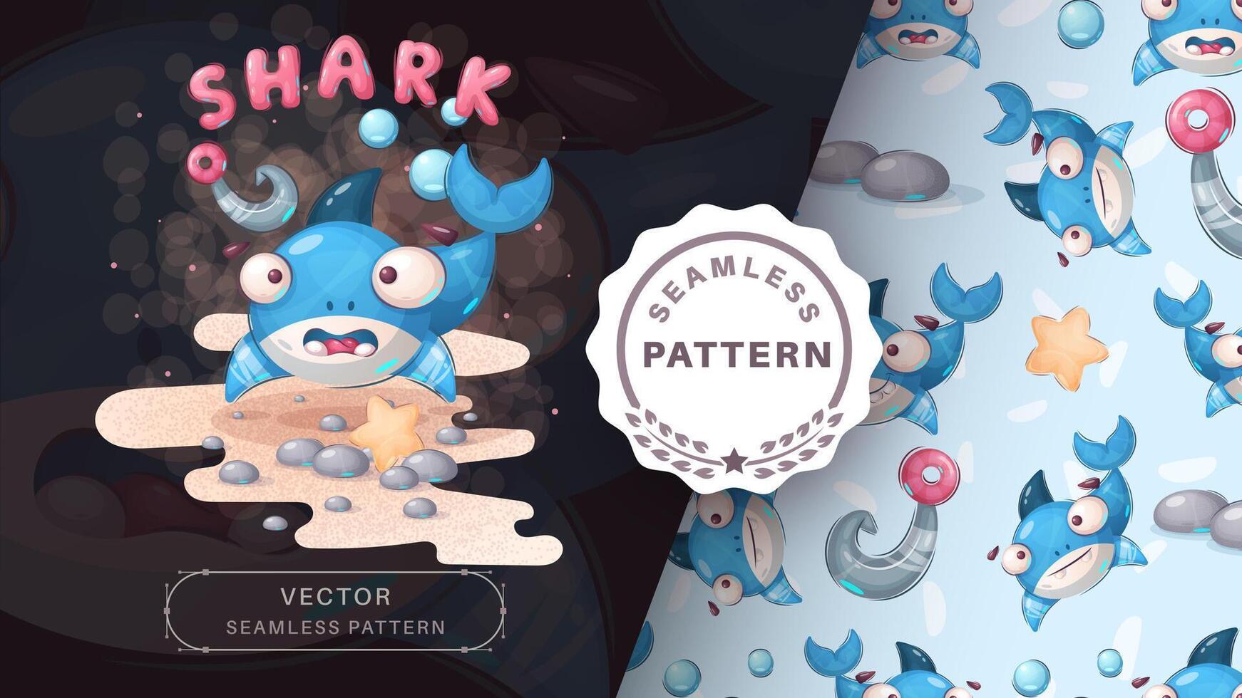 Cartoon character animal fish shark - seamless pattern vector