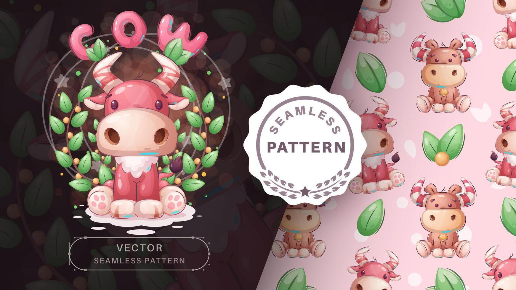 Seamless pattern cartoon character adorable cow, pretty animal idea for print t-shirt, poster and kids envelope, postcard. Cute hand drawn style ox vector
