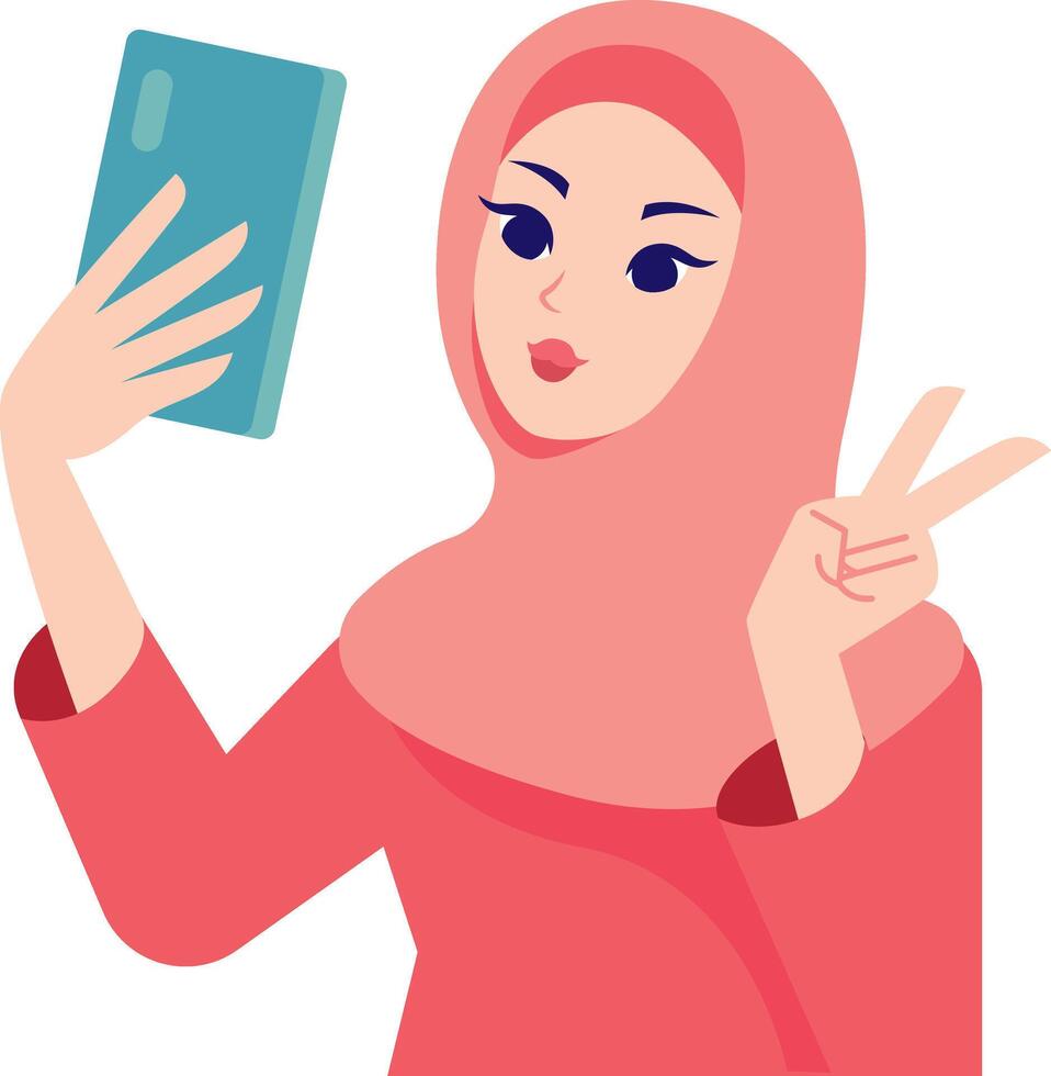 Young muslim lady taking selfie with her mobile phone. Flat art illustration vector
