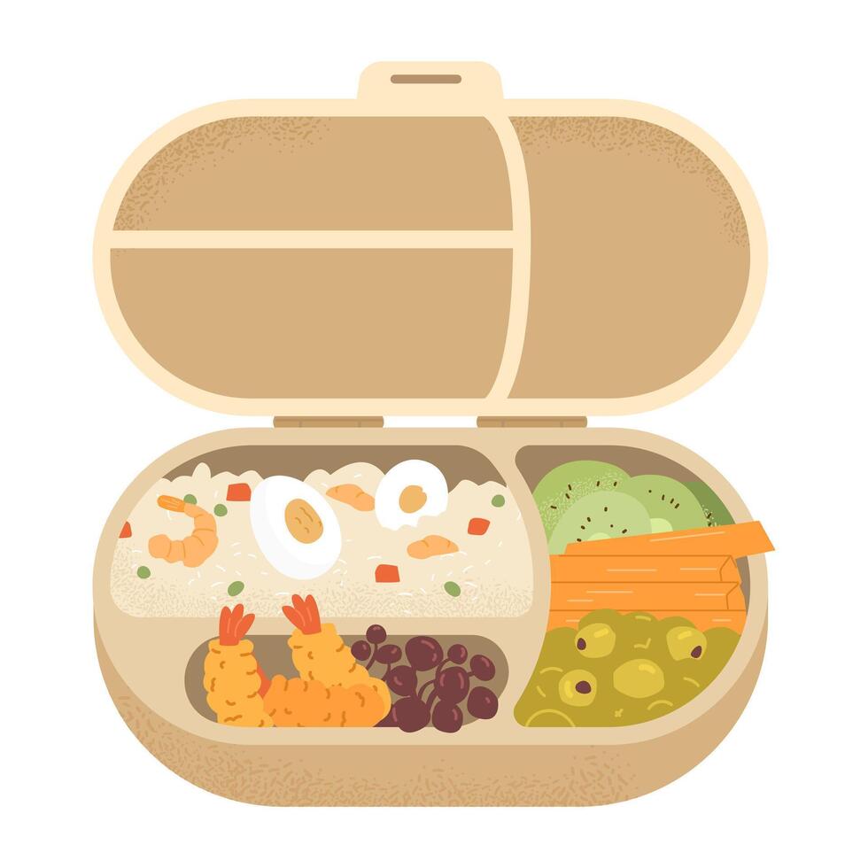 Lunch box or bento box with food illustration isolated on white. Rice with shrimps and eggs, mushrooms, fruits and vegetables in food container. vector