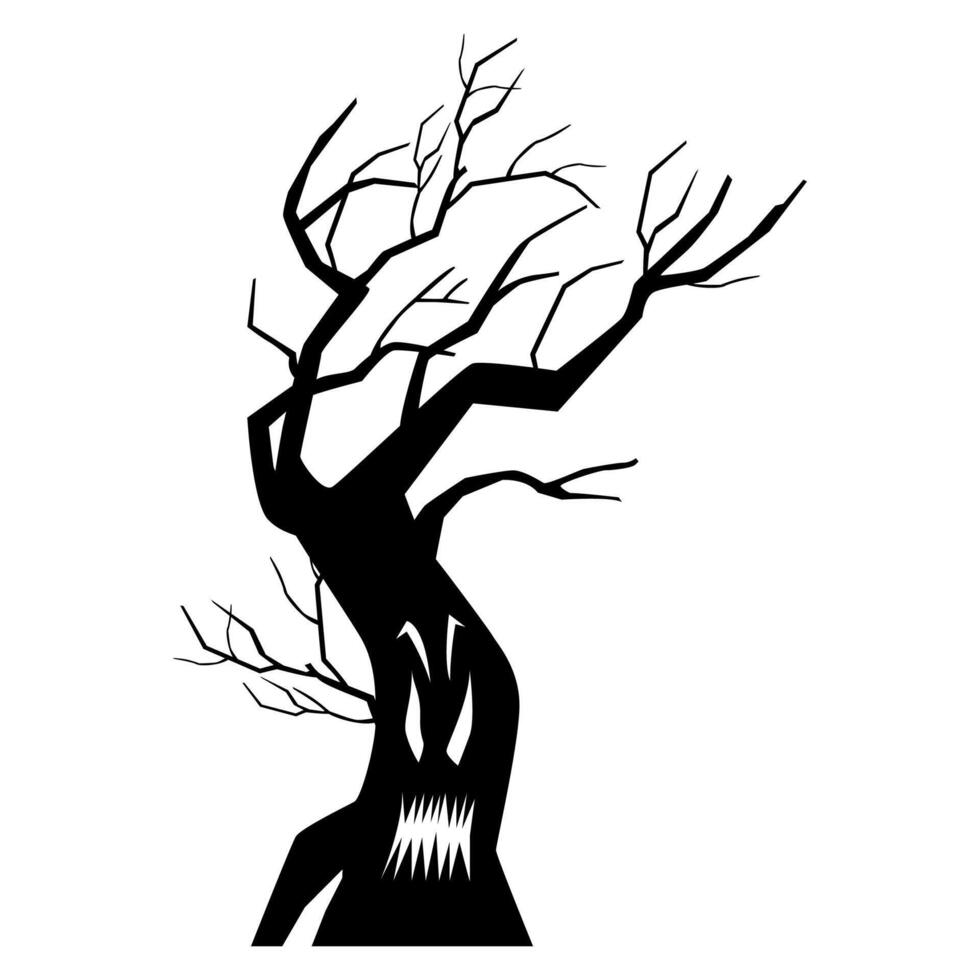 Halloween spooky tree with scary carved face black silhouette illustration isolated on white. vector