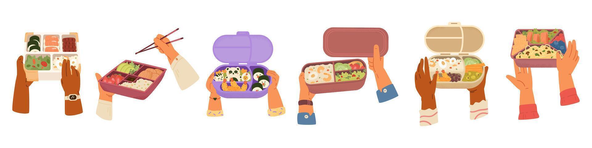 Hands holding lunch boxes and bento boxes with different food and snacks flat illustrations set isolated on white. vector