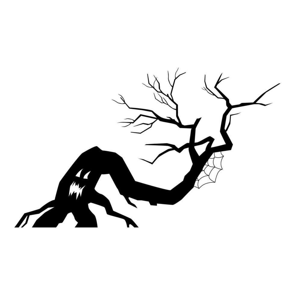 Halloween spooky tree with scary carved face black silhouette illustration isolated on white. vector