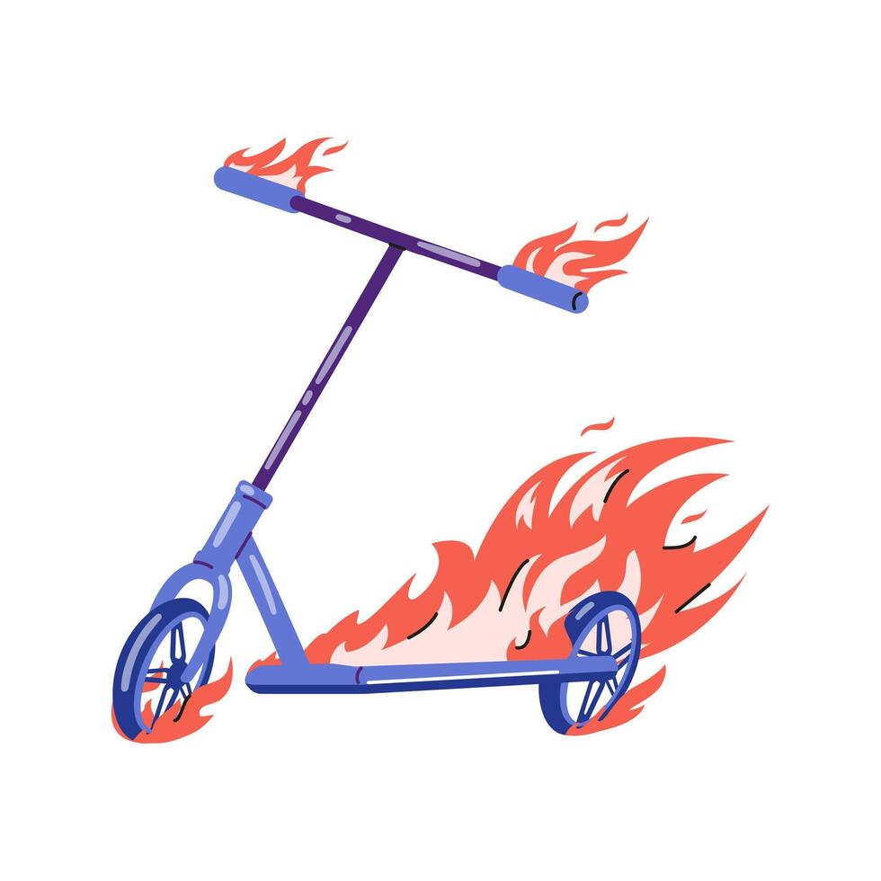 Stunt scooter on fire flat illustration isolated on white. vector