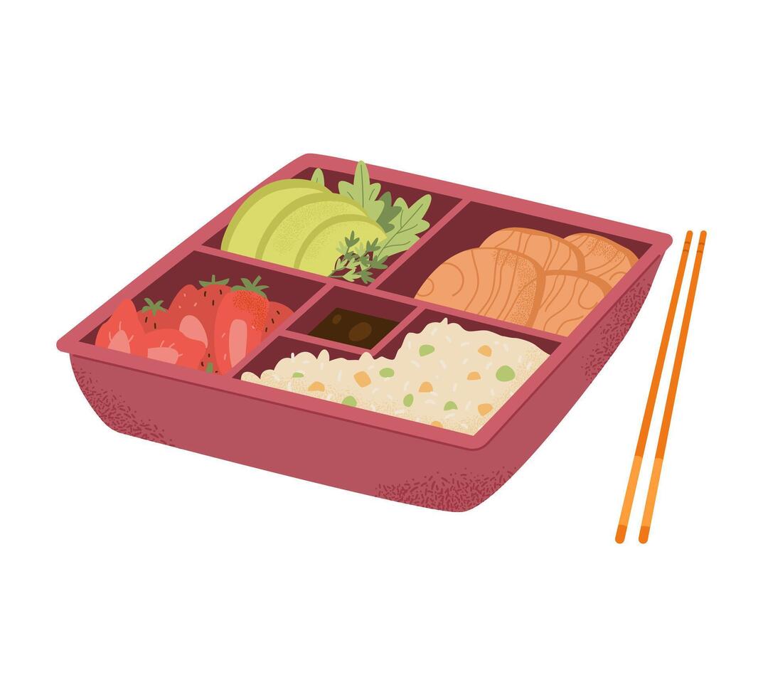 Traditional bento box with food vetor illustration isolated on white. Lunchbox with rice, avocado, strawberries, meat and soy sauce. vector