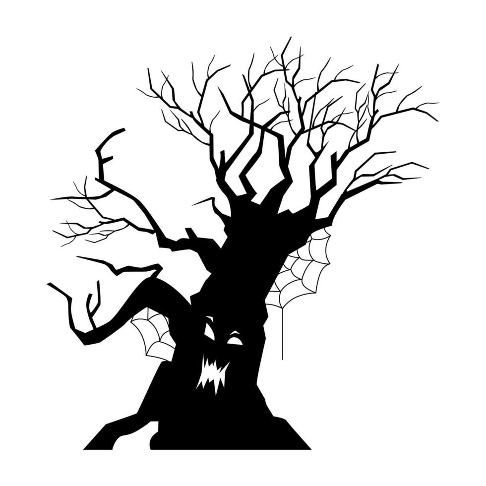 Halloween spooky tree with scary carved face black silhouette illustration isolated on white. vector