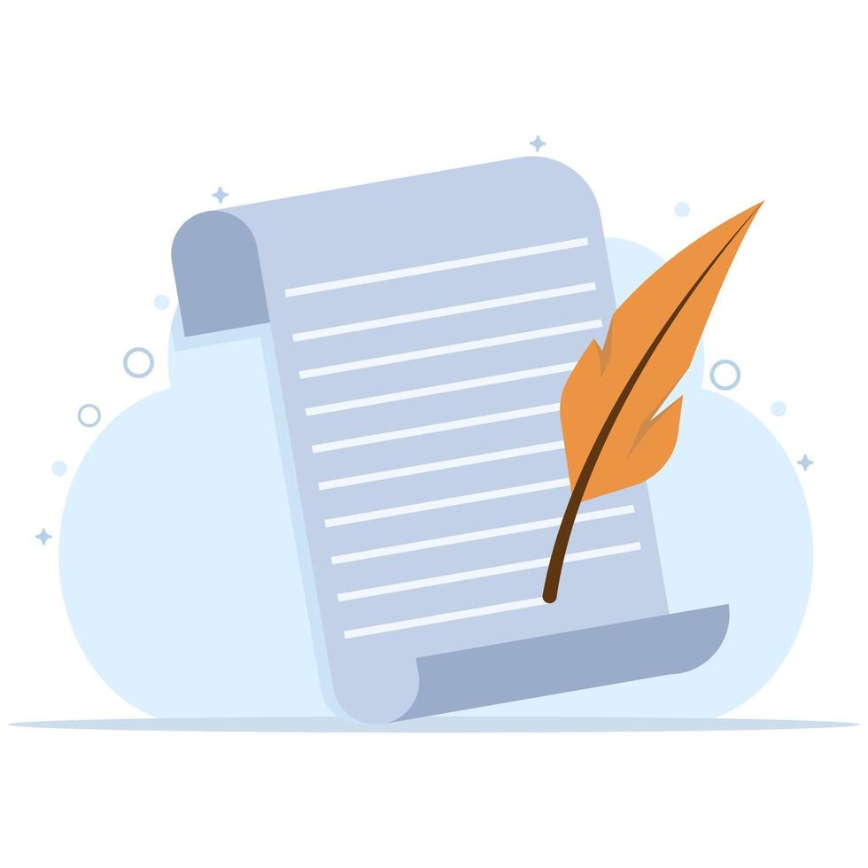 Quill Writing Concept On Object Icon. Isolated Premium Paper Education. a quill pen in an educational scene with writing. Writer sign, theater icon. Icon elements. flat illustration. vector