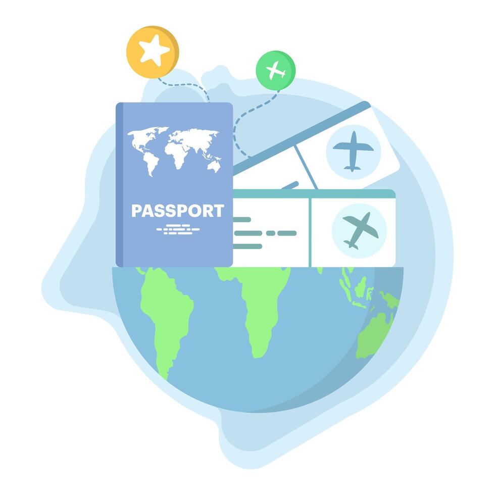 Passport and airplane ticket concept, Boarding pass ticket icon. travel concept. Summer travel banner, passport and boarding pass in the background. online ordering. Flat illustration. vector